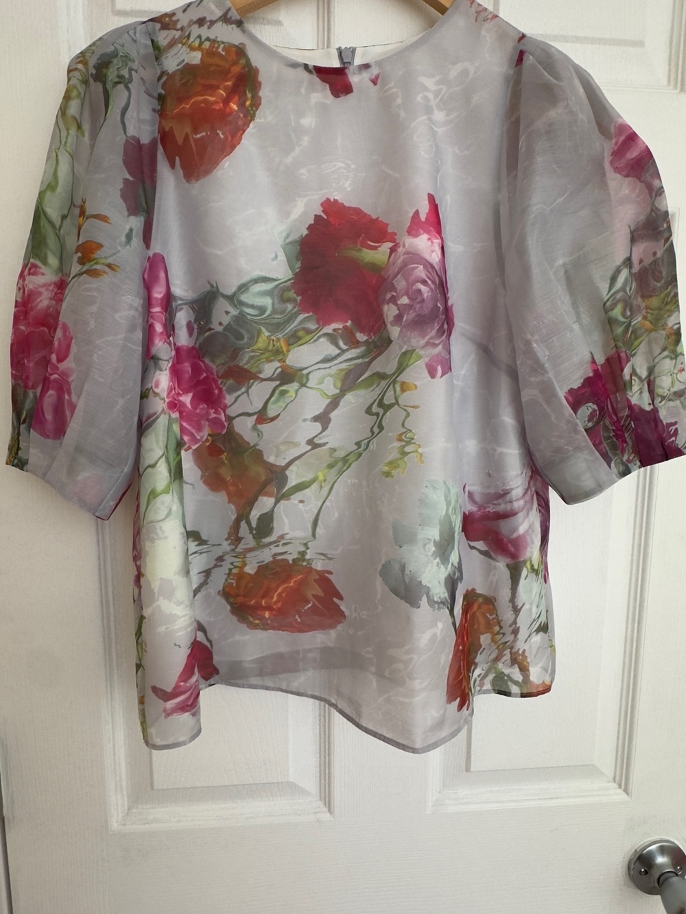 Ted Baker London Gray Sheer Floral Short Sleeve Blouse with Pink & Orange Blooms